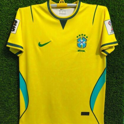yellow Nike Brazil national team jersey features an embroidered CBF crest and green accents